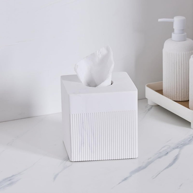 Polytree White Tissue Box Cover Square Resin Tissue Holder for Home Decor, Hand Poured Marble Ribbed Cube Tissue Box Holder – 5.5 Inch Heavy Duty Luxury Tissue Box Case for Bathroom, Living Room, Office - Image 5